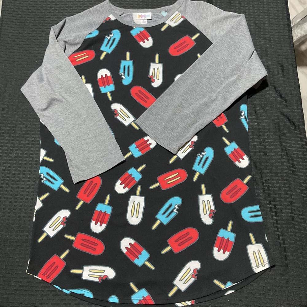 LuLaRoe Randy Shirt Womens Large Black Ice Cream Popsicle Raglan 3/4 Sleeve USA